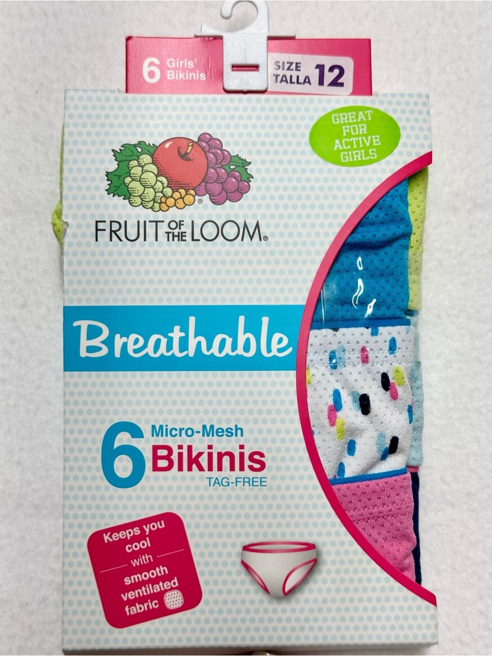 Fruit of the Loom Girls Breathable Micro‑Mesh Bikinis – Size 12 – 6 Pack